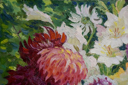 Vibrant pink orange chrysanthemum oil painting by Fastenko Y.I. with green foliage