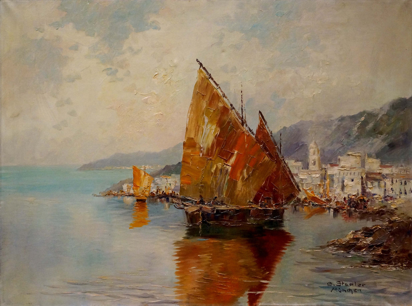 Oil painting by Benno Stadler: orange brown sailboat in calm coastal waters