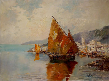 Oil painting by Benno Stadler: orange brown sailboat in calm coastal waters
