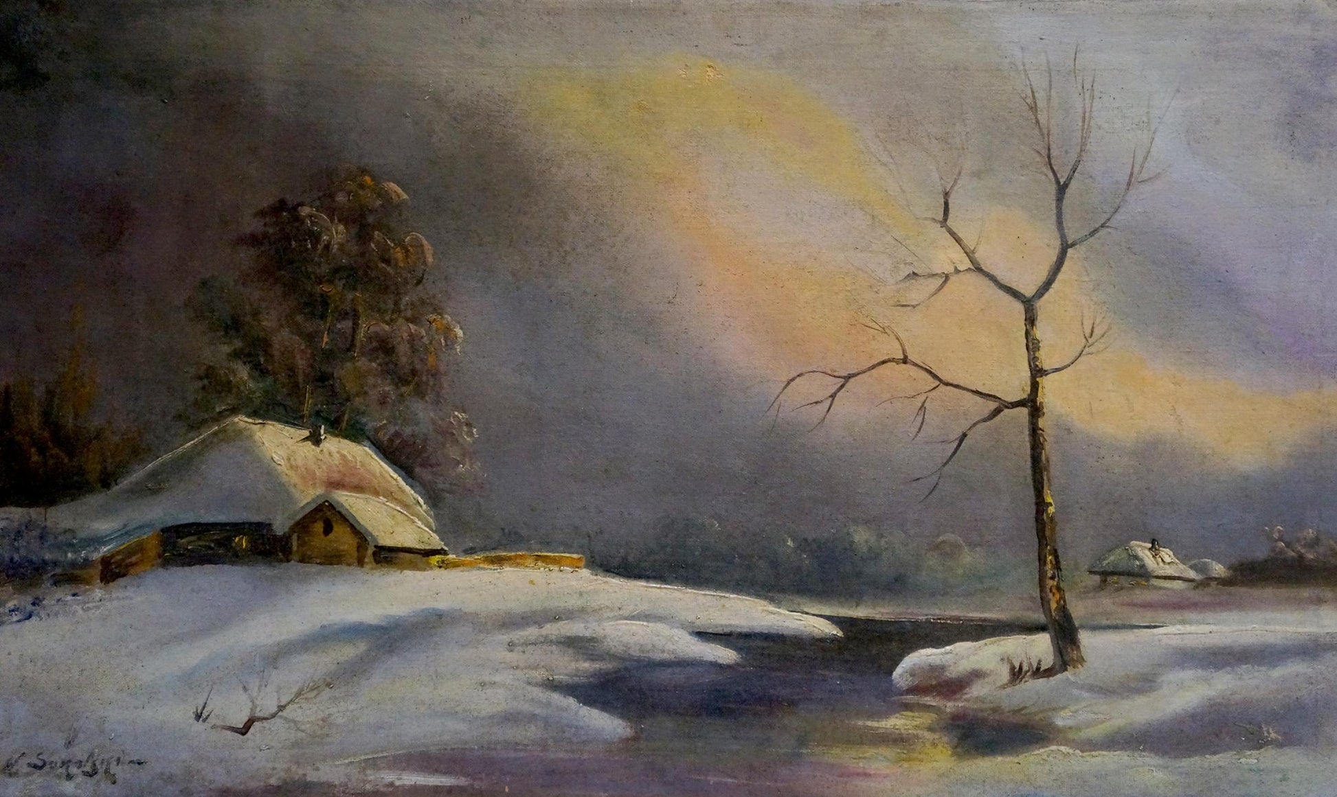 Oil painting Winter fairy tale: snow-covered thatched cottage in serene landscape