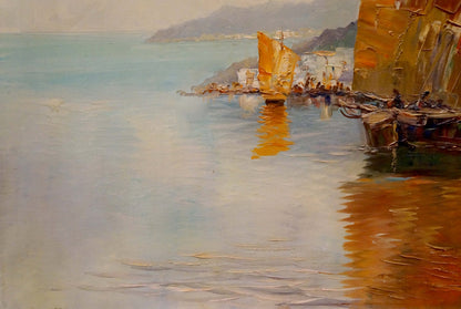Oil painting by Benno Stadler: sailboats with golden sails on coastal cliff