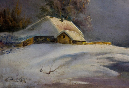 Oil painting Winter fairy tale: rustic wooden cabin with snow-covered thatched roof