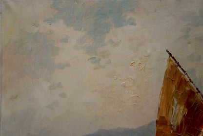Textured impressionistic sailboat mast and sails by Benno Stadler against cloudy sky