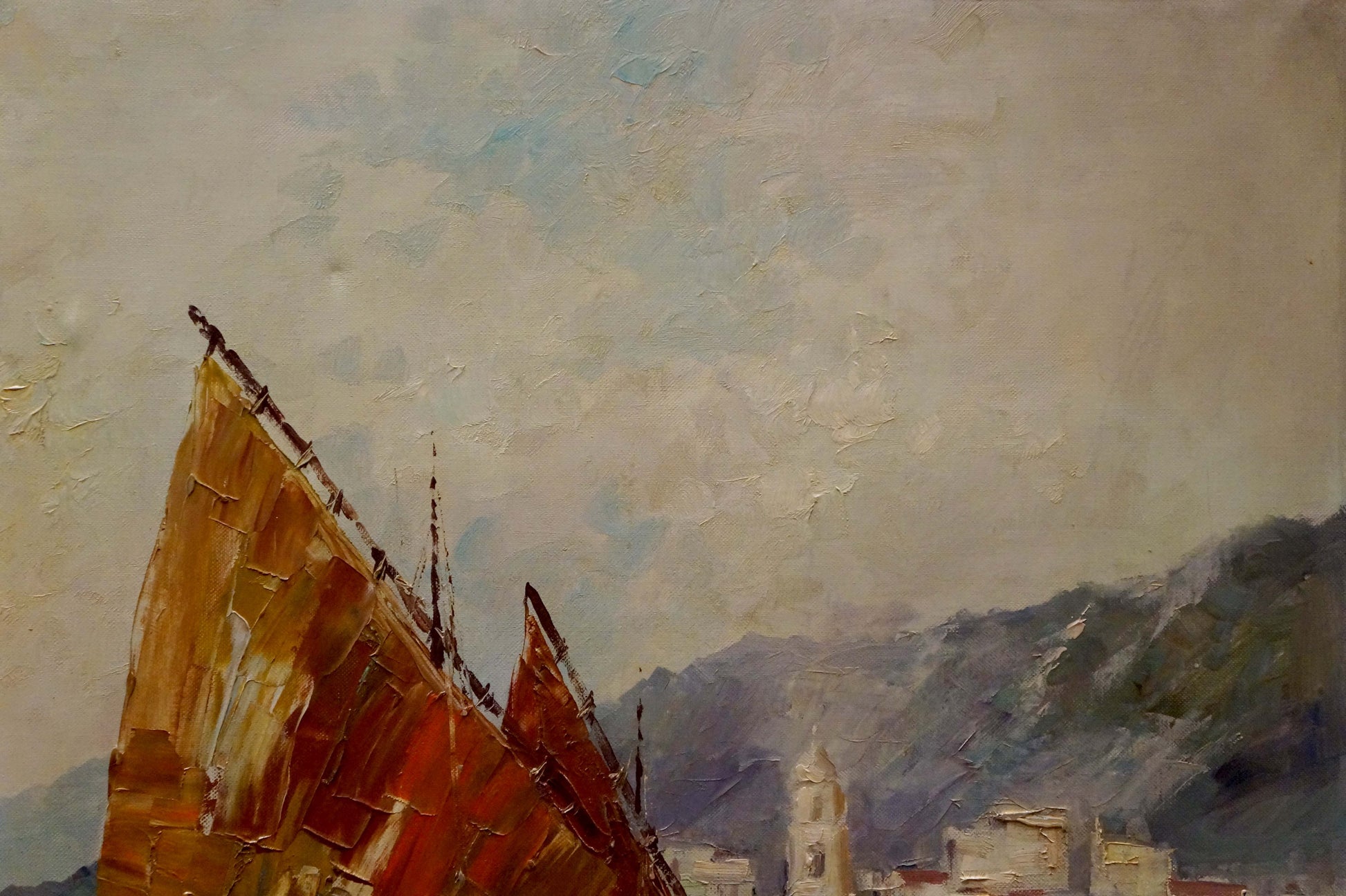 Oil painting by Benno Stadler: sailboat with orange sails near coastal buildings