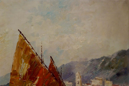 Oil painting by Benno Stadler: sailboat with orange sails near coastal buildings