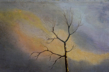 Minimalist black tree oil painting Winter fairy tale with gradient sky