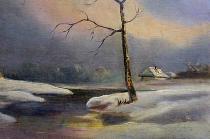 Oil painting Winter fairy tale: solitary bare tree in snowy landscape
