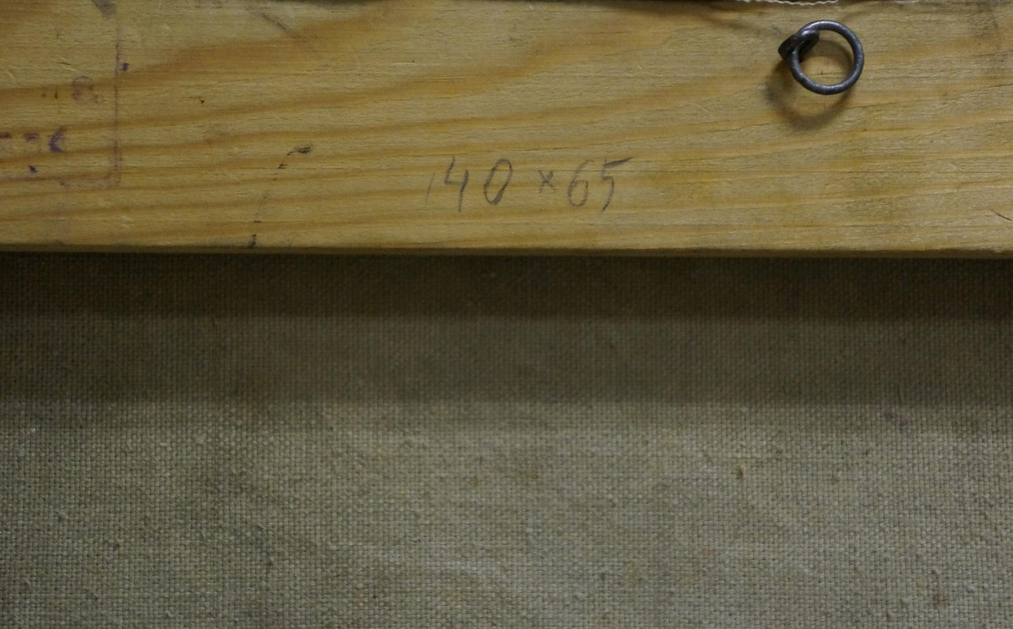 Back of Oil painting Winter fairy tale on rustic wooden stretcher bar with metal ring