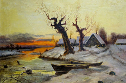 Oil painting Winter dawn: snow-covered village, bare trees, wooden boats on frozen riverbank at sunset