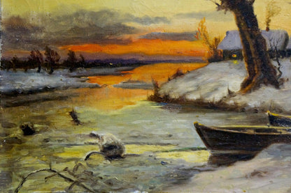 Oil painting Winter dawn: dark rowboat on snowy riverbank at sunset