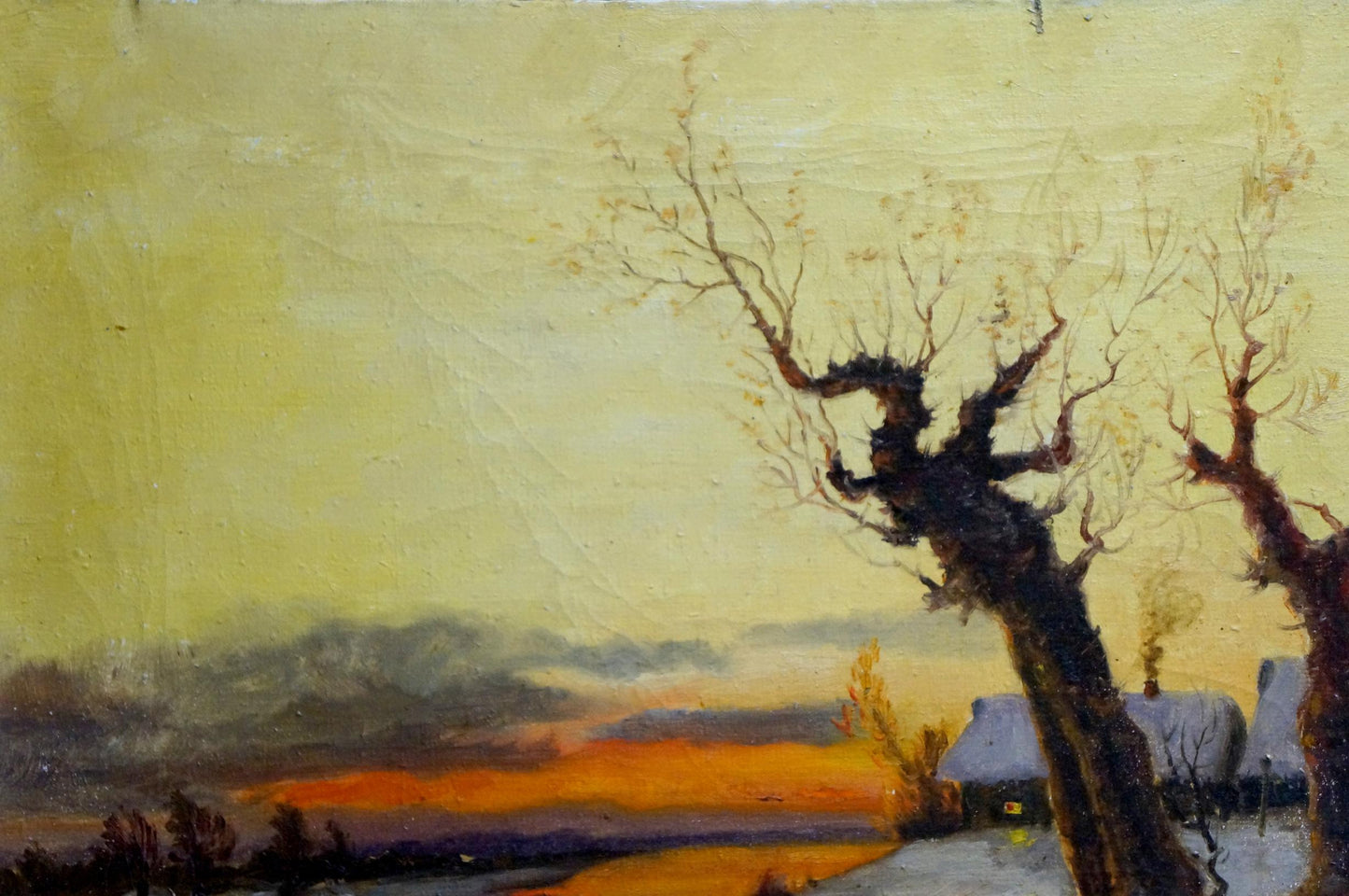 Rustic oil painting of winter dawn landscape with silhouetted trees at sunset