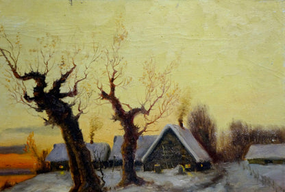 Oil painting Winter dawn: snow-covered houses, gnarled trees, pale yellow sky