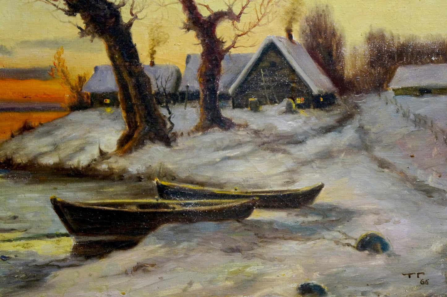 Oil painting Winter dawn: snow-covered wooden boats on frozen riverbank under bare trees