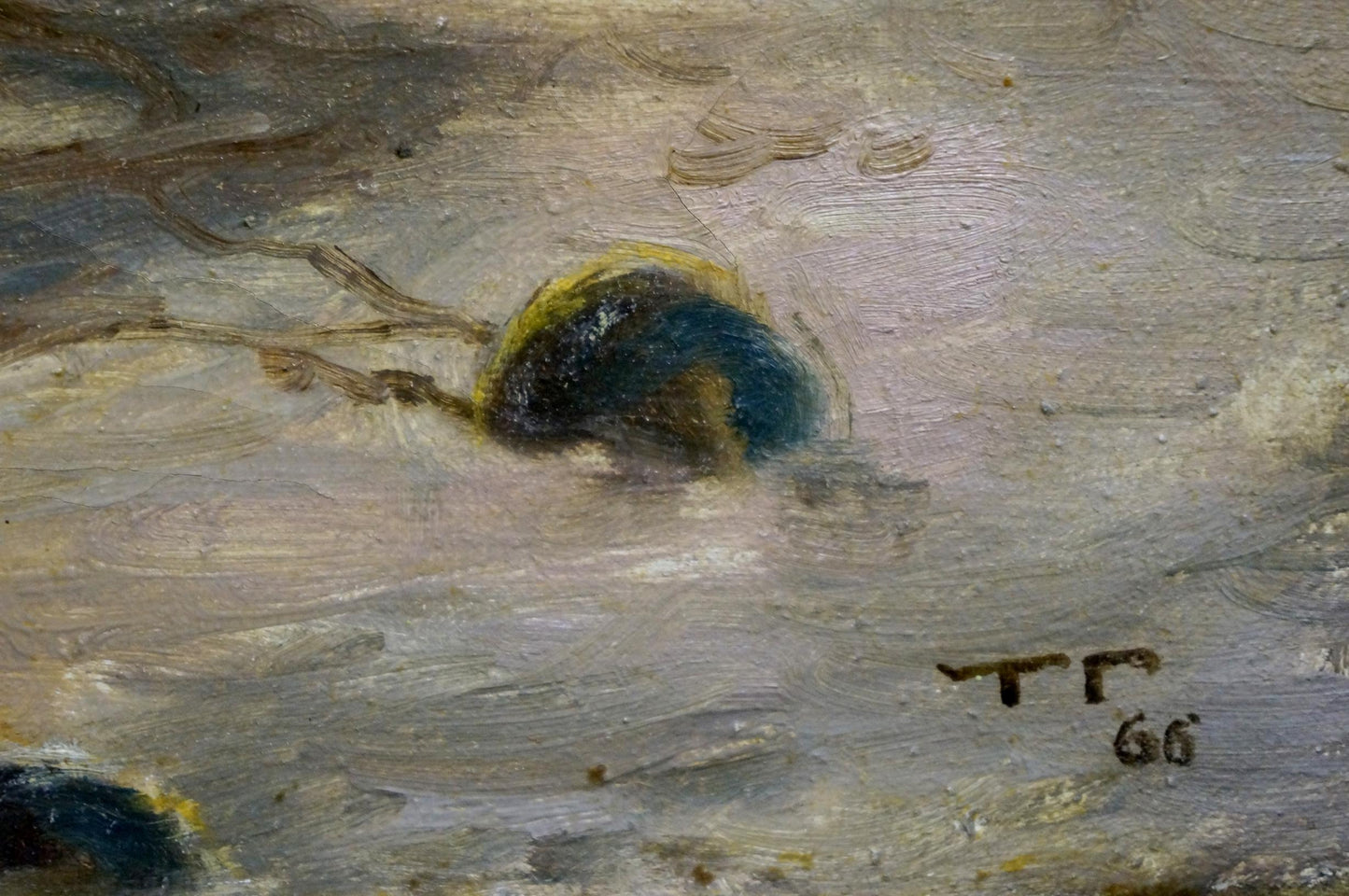 Oil painting of dark blue and yellow jellyfish in winter dawn sea