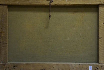 Back of Oil painting Winter dawn canvas with olive-green textured surface and nail holes