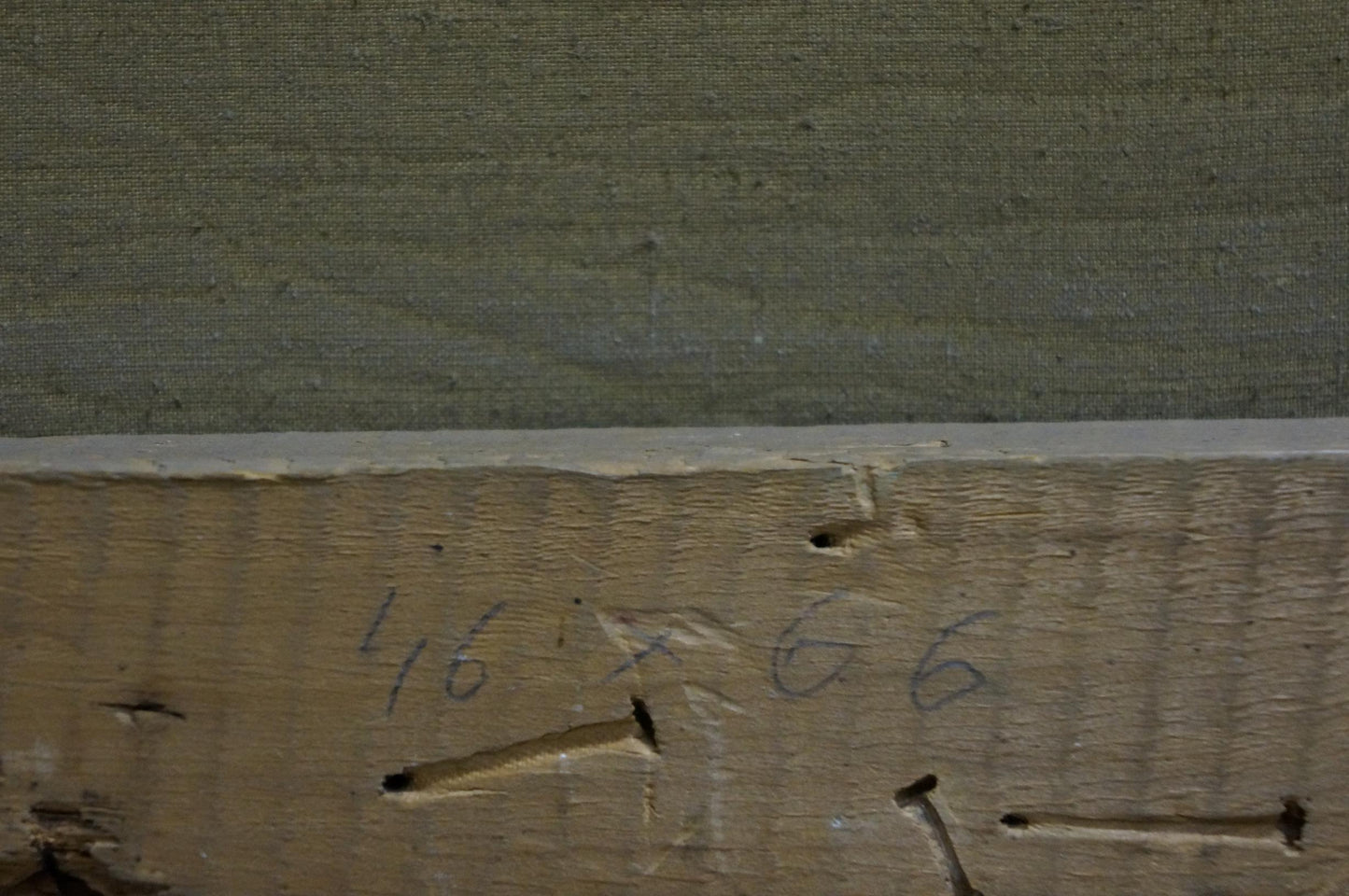 Back of Oil painting Winter dawn: weathered plank with grain, marks, nail holes