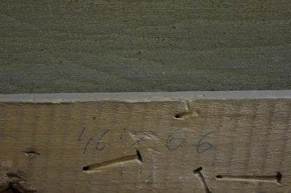 Back of Oil painting Winter dawn: weathered plank with grain, marks, nail holes