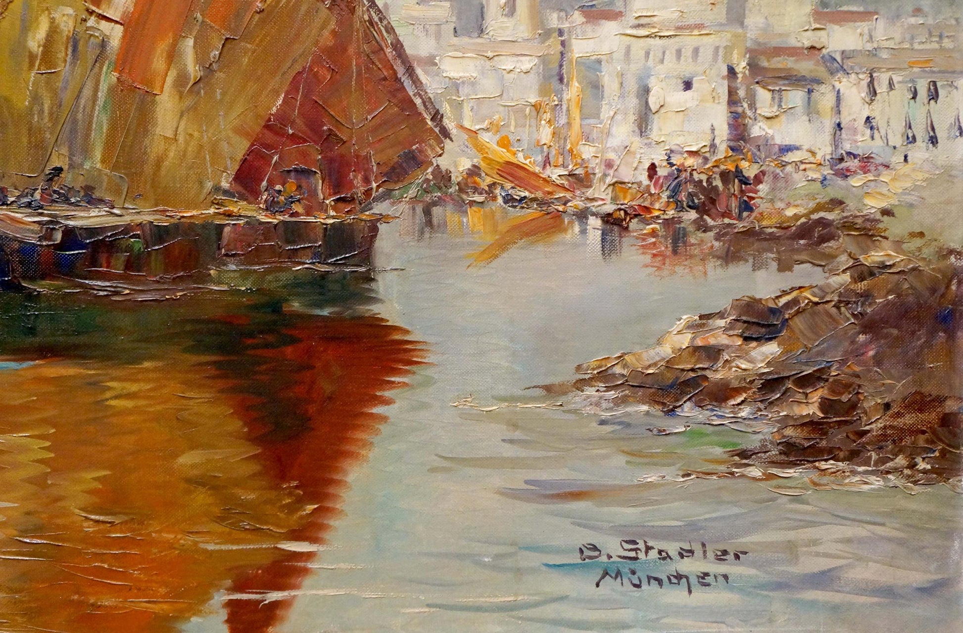 Textured impressionistic harbor oil painting by Benno Stadler with warm sails