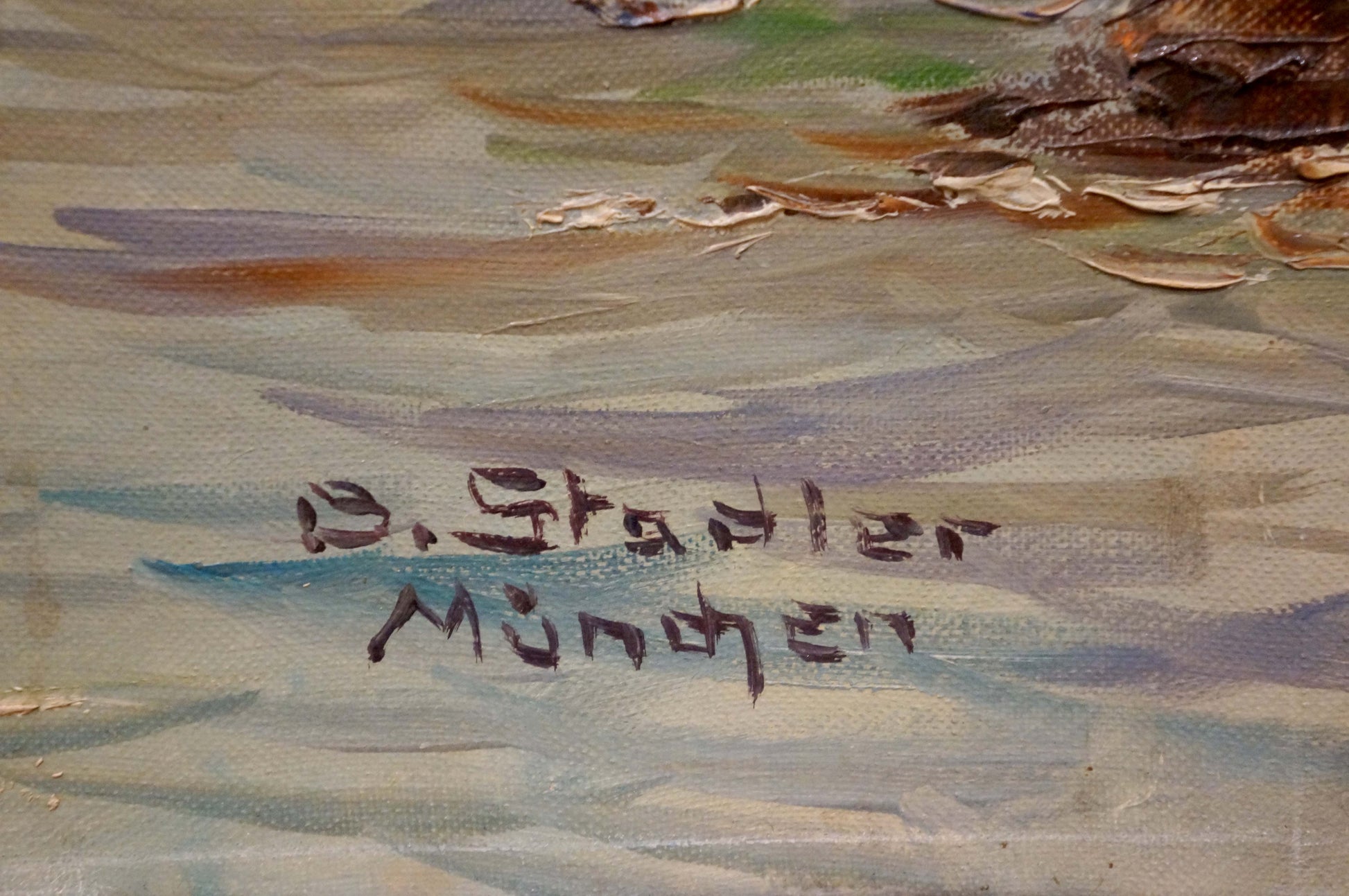 Oil painting of textured city landscape by Benno Stadler