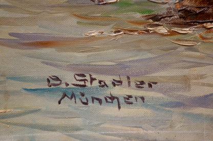 Oil painting of textured city landscape by Benno Stadler
