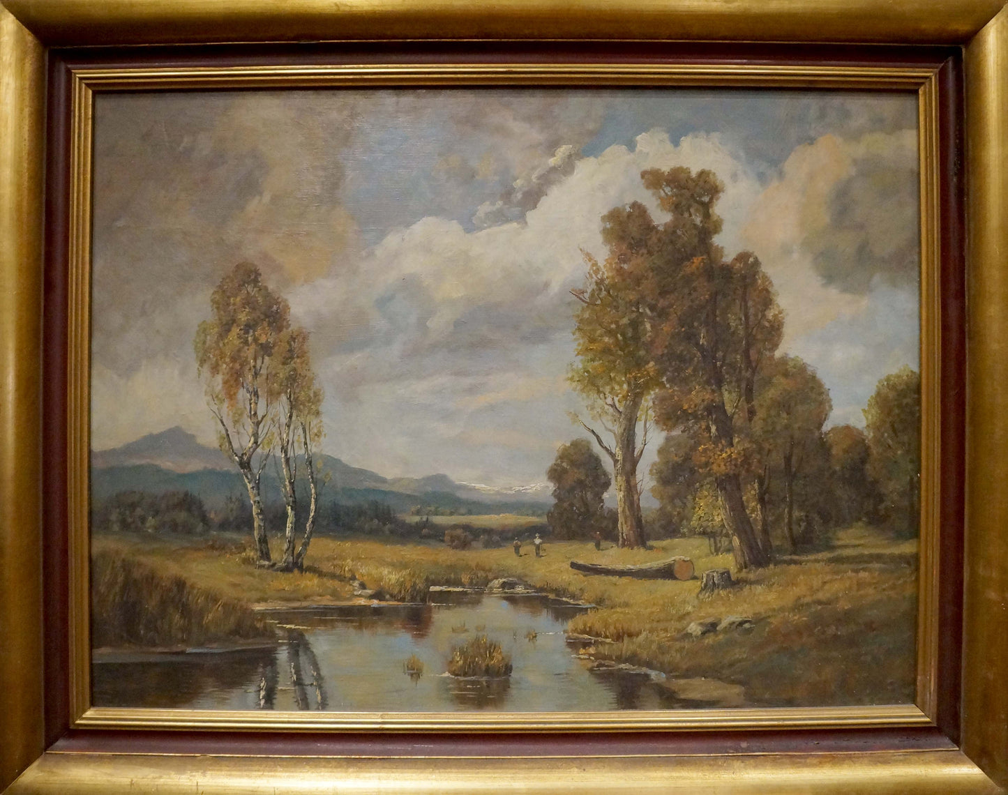 Oil painting Once upon a time in the forest: serene river with trees and mountains