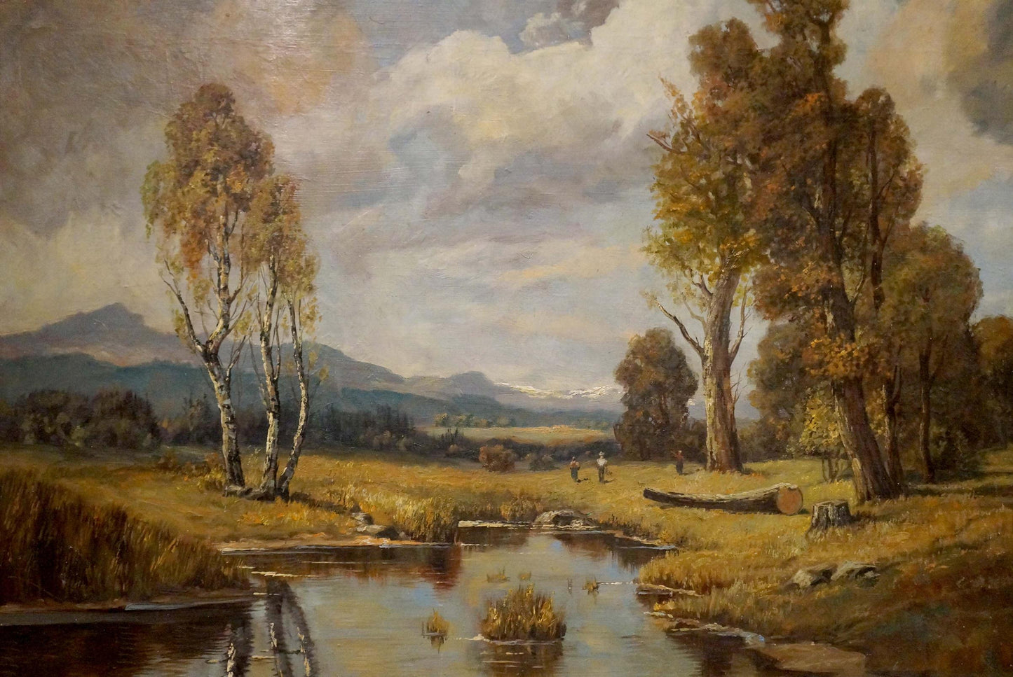 Oil painting Once upon a time in the forest: serene river, autumn trees, mountains