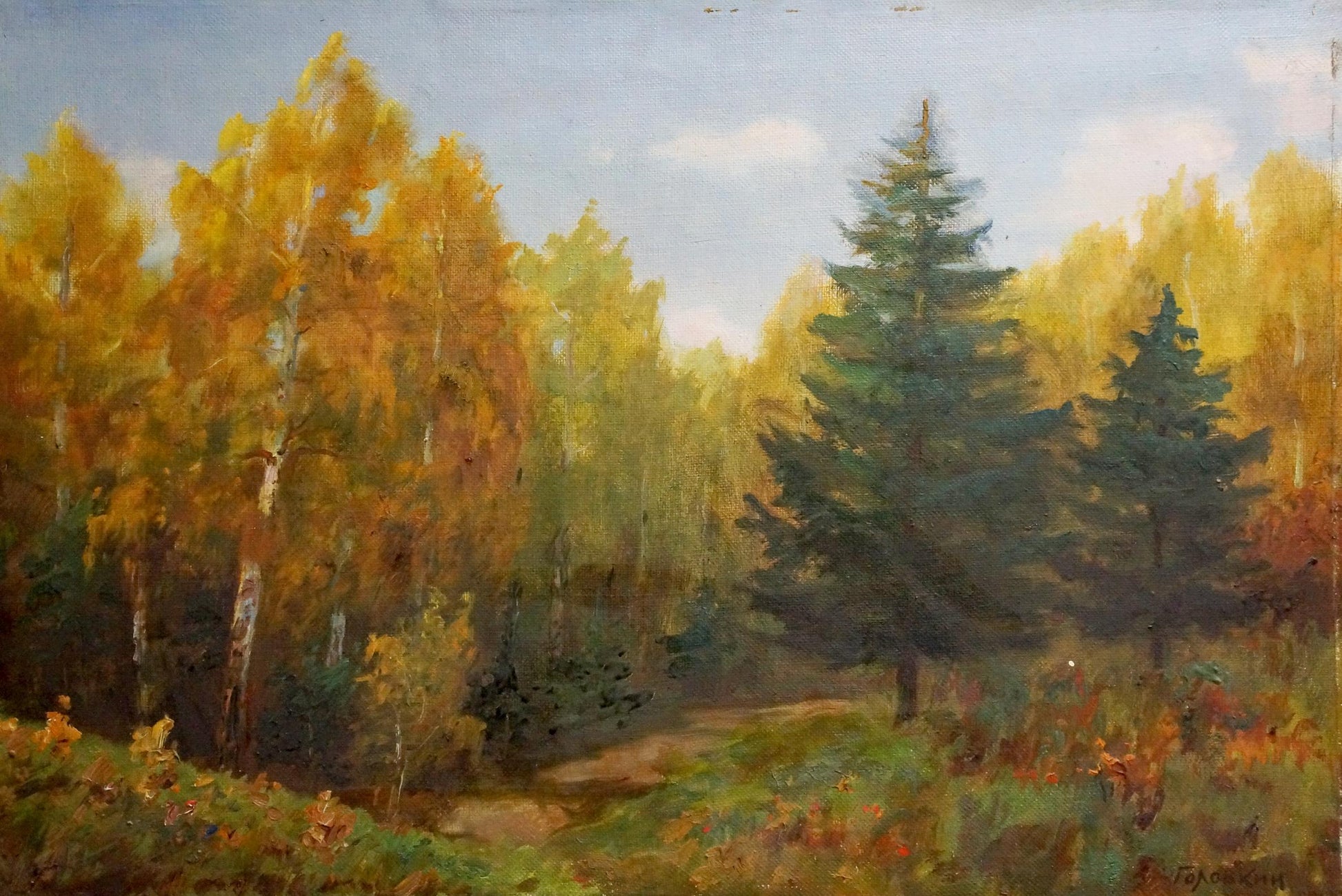 Oil painting Dense forest by Konstantin Pavlovich Golovkin, autumn birch and evergreens