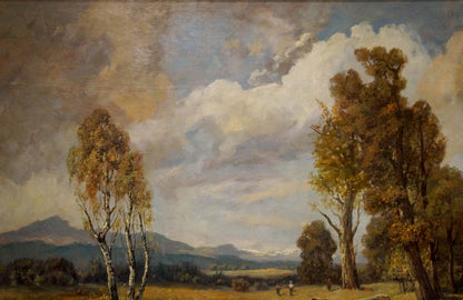 Oil painting Once upon a time in the forest: autumn trees, mountains, cloudy sky