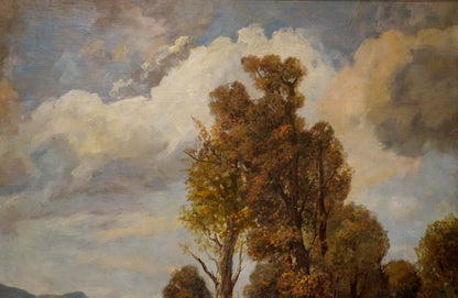 Oil painting Once upon a time in the forest: tall autumn tree under dramatic cloudy sky