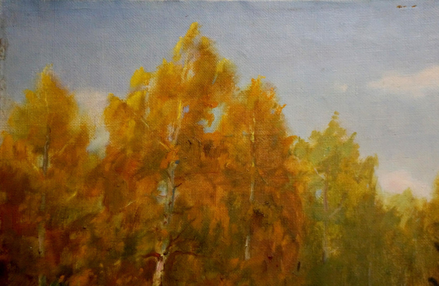 Vibrant oil painting of dense autumn forest by Konstantin Pavlovich Golovkin