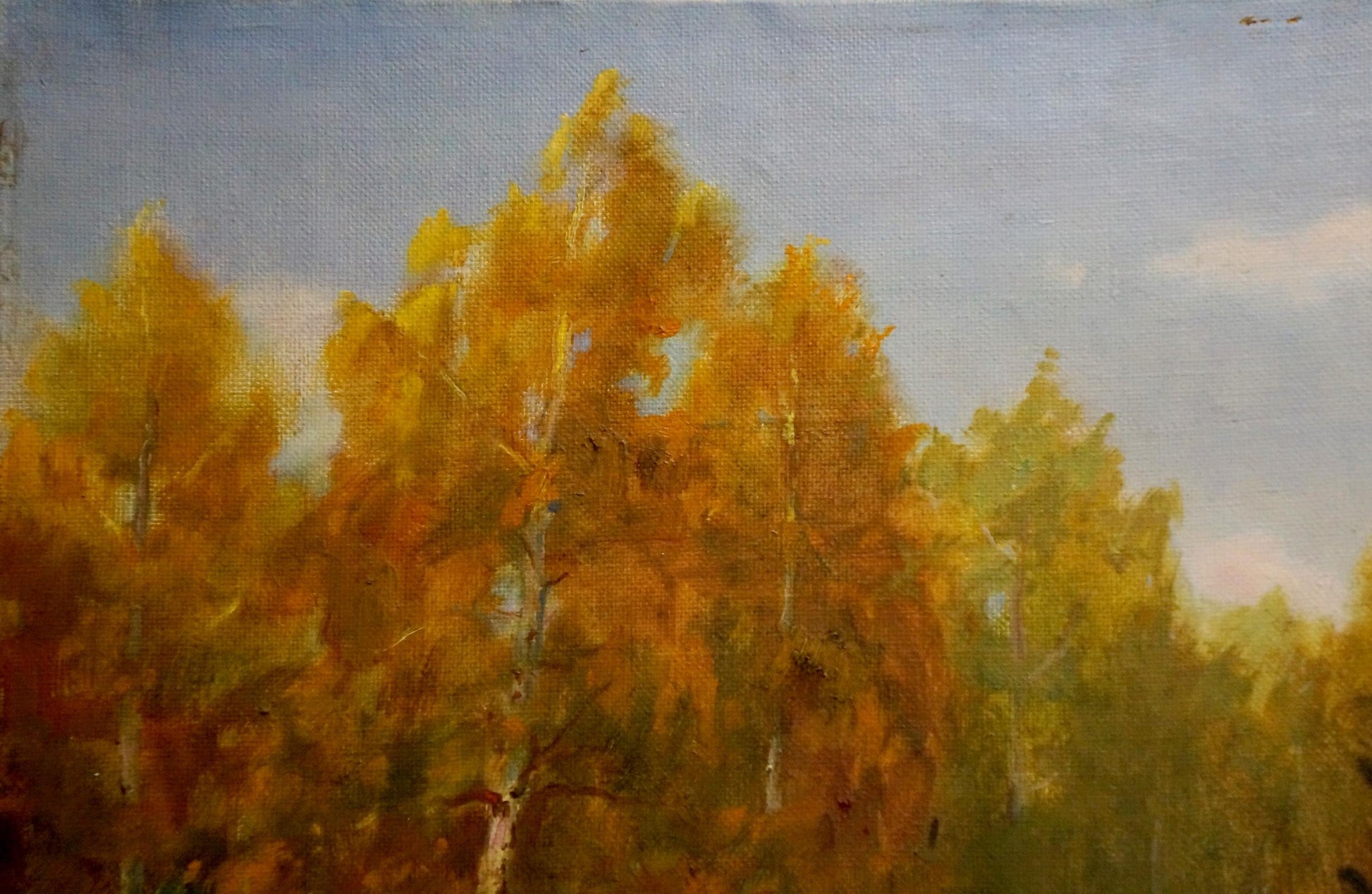 Vibrant oil painting of dense autumn forest by Konstantin Pavlovich Golovkin