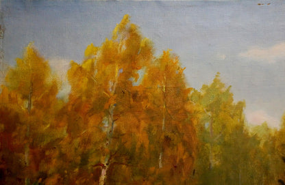 Vibrant oil painting of dense autumn forest by Konstantin Pavlovich Golovkin