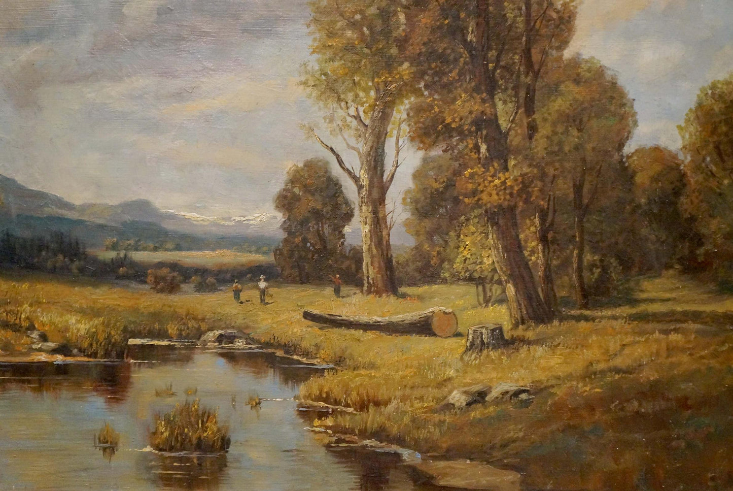 Oil painting Once upon a time in the forest: serene autumn landscape with golden trees, stream, mountains