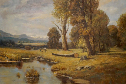 Oil painting Once upon a time in the forest: serene autumn landscape with golden trees, stream, mountains