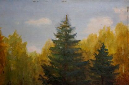 Oil painting of tall dark green pine tree in Dense forest by Konstantin Pavlovich Golovkin