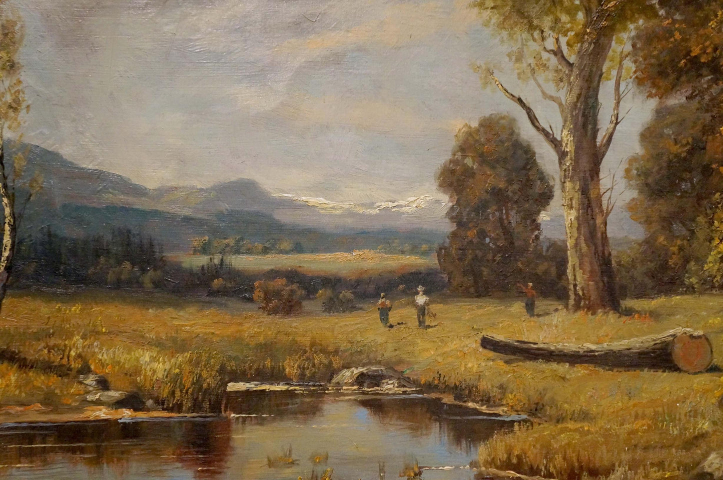 Serene oil painting Once upon a time in the forest: golden fields, mountains, stream