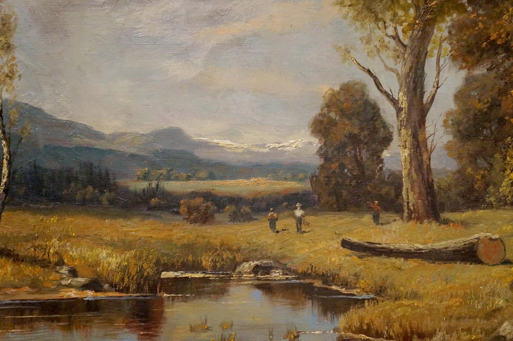 Serene oil painting Once upon a time in the forest: golden fields, mountains, stream