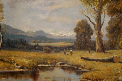 Serene oil painting Once upon a time in the forest: golden fields, mountains, stream