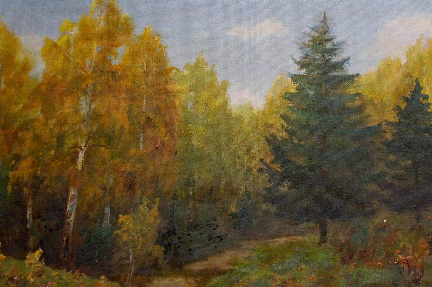 Oil painting Dense forest by Konstantin Pavlovich Golovkin, autumn scene