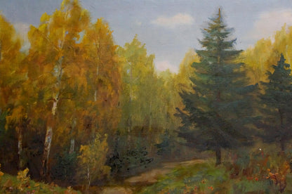 Oil painting Dense forest by Konstantin Pavlovich Golovkin, autumn scene