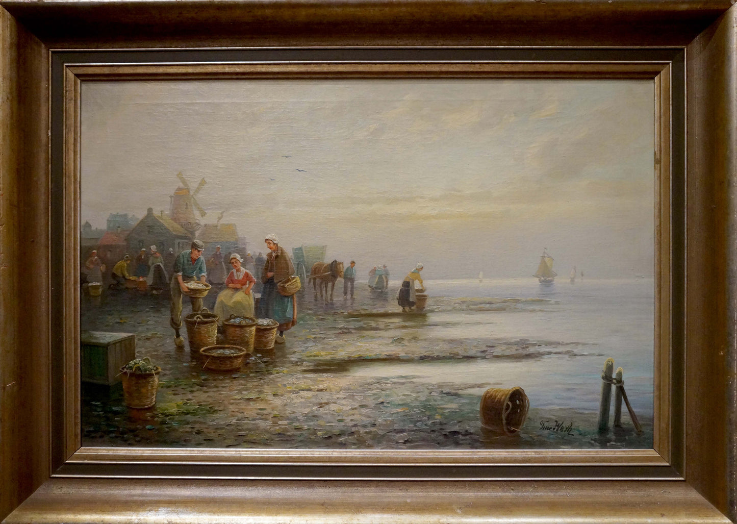 Framed oil painting Coastal Market Weyh T misty shellfish gathering scene