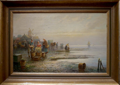 Framed oil painting Coastal Market Weyh T misty shellfish gathering scene