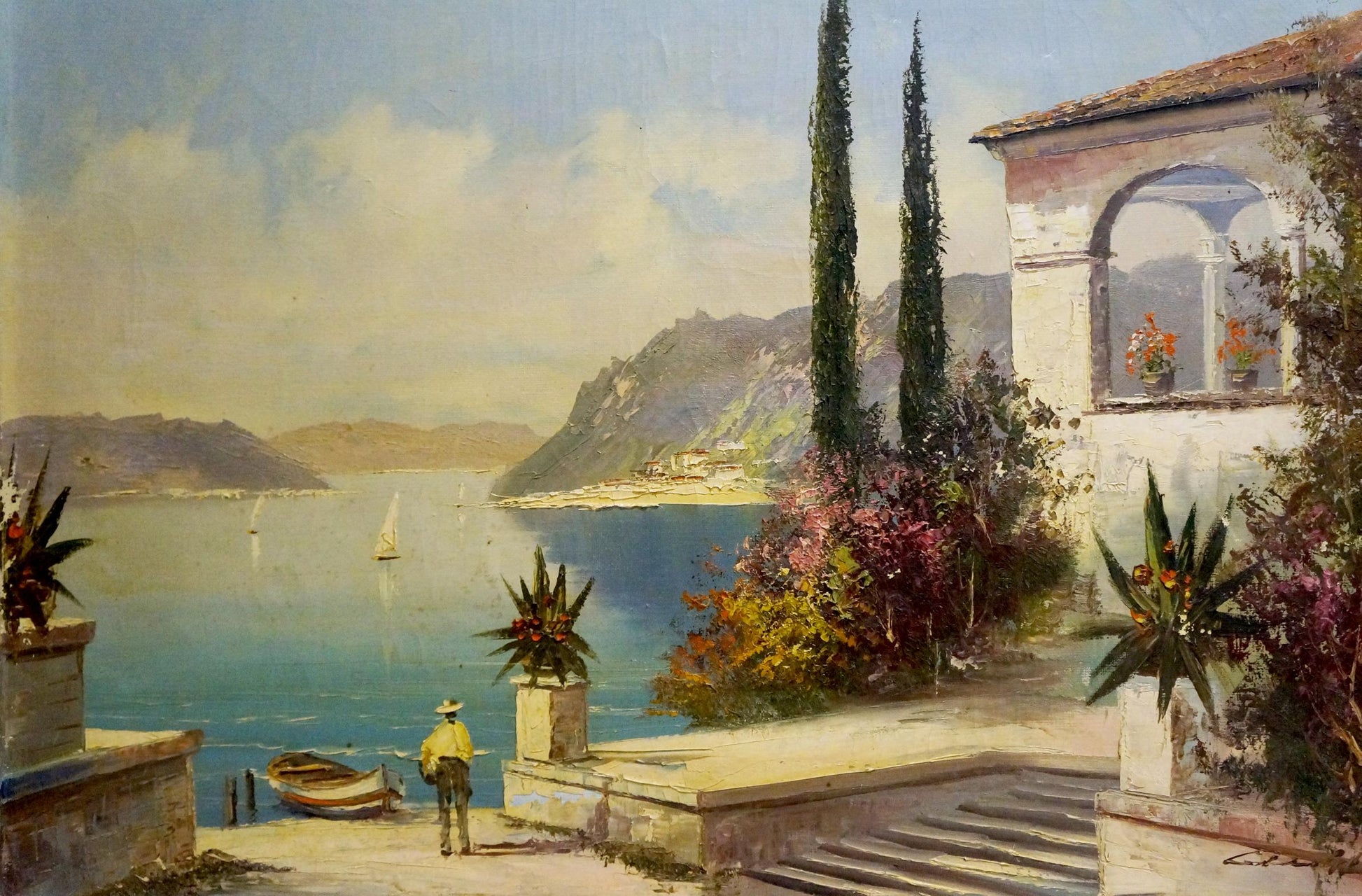 Oil painting At the resort: serene coastal scene with white building and cypresses