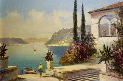 Oil painting At the resort: serene coastal scene with white building and cypresses