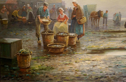 Oil painting Coastal Market Weyh T: woven wicker baskets of fish on wet cobblestones