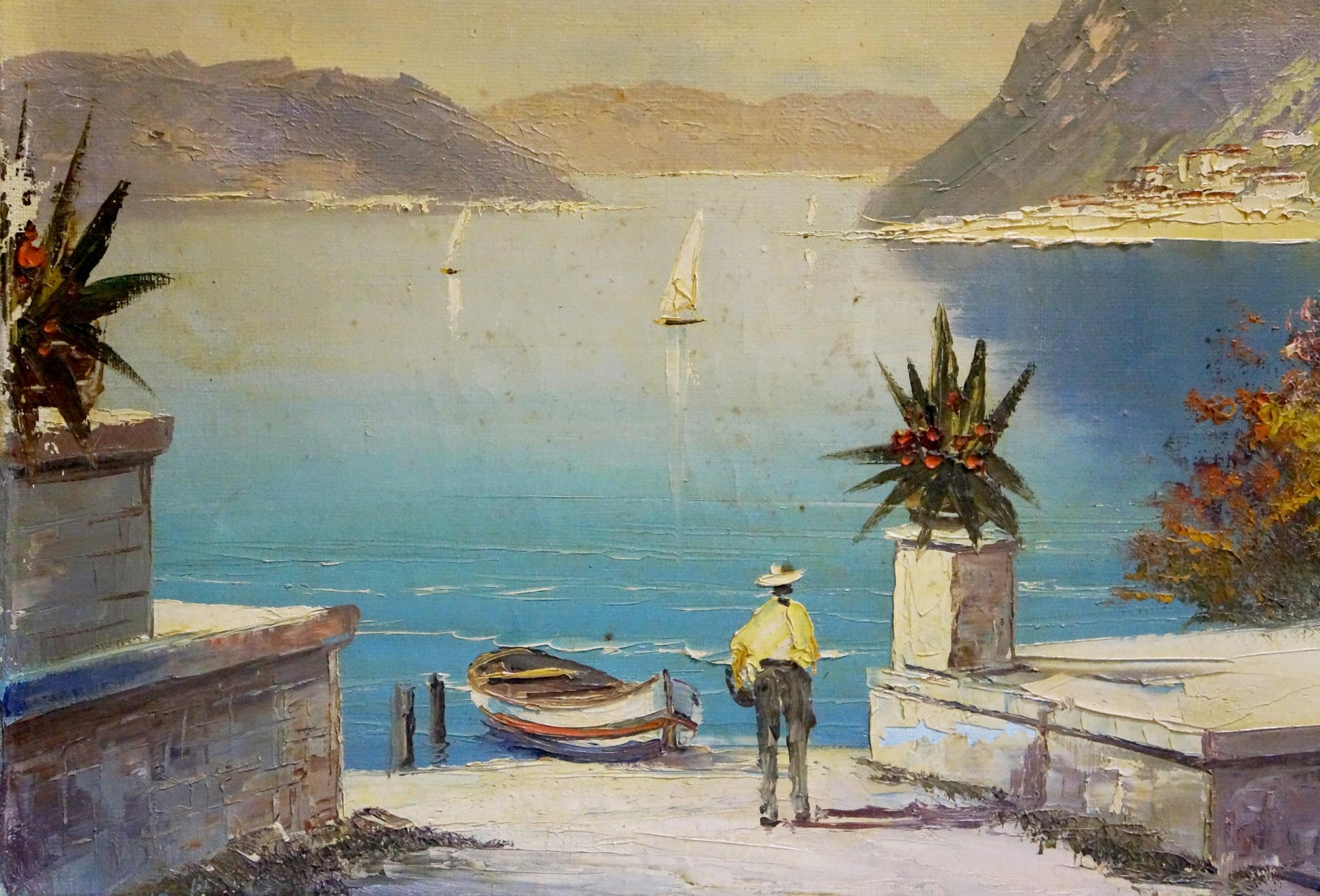 Impressionist oil painting At the resort: man in yellow shirt by striped boat on pier