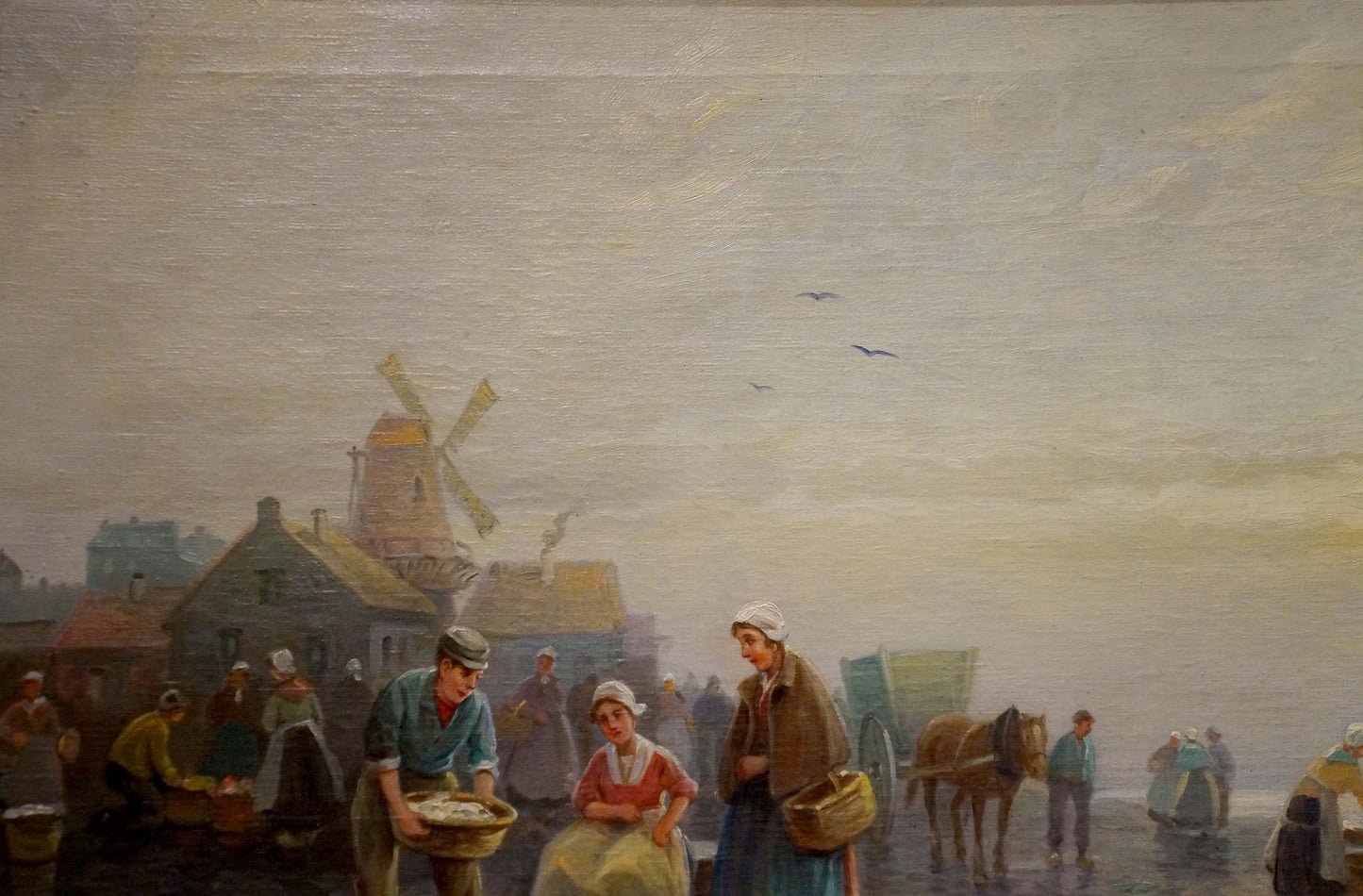 Oil painting Coastal Market Weyh T: Dutch coastal scene with windmill
