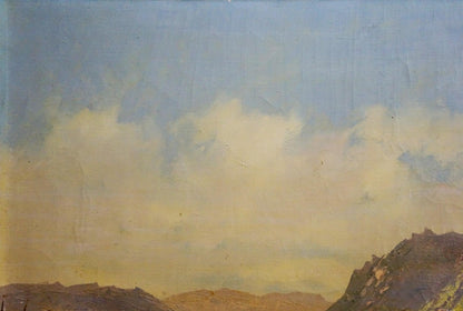 Oil painting At the resort: serene sky, billowing clouds over rugged mountains
