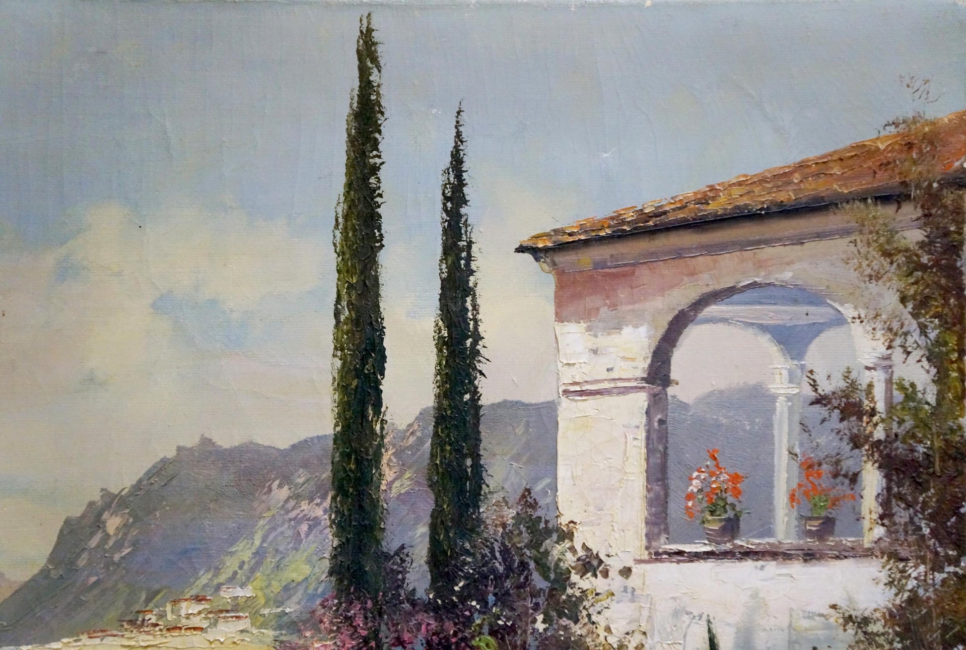 Oil painting At the resort: serene white stone villa with cypresses