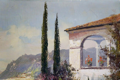 Oil painting At the resort: serene white stone villa with cypresses